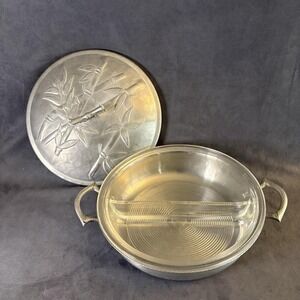 Everlast Forged Aluminum Bamboo Casserole w/ Pyrex Divider Insert Mid Century